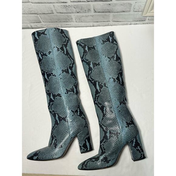 Paris Texas Knee High Blue Python embossed leather boots Block Heel Size 37 - Picture 2 of 12